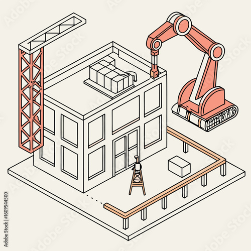 Isometric view of a building under construction with crane robot and scaffolding on a beige background