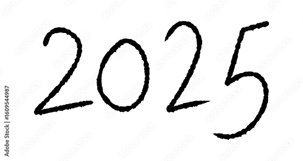 Fototapeta premium Handwritten 2025 Doodle Icon, Sketch Style Number, Isolated on Transparent Background.., Black Brush style
