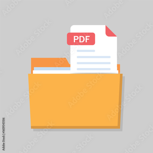 Open folder icon with PDF file inside. Folder with documents on a isolated background.