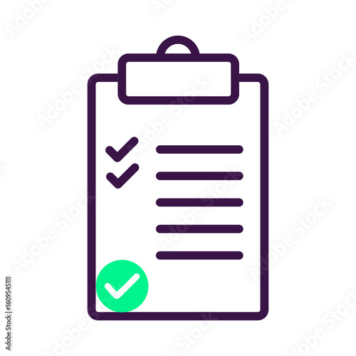 Minimalist Flat Clipboard Icon with Checklist and Completion Badge on White Background