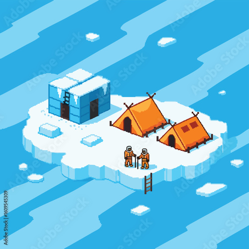 Pixel Art Antarctic Expedition Camp: Ice Shelter Tents Explorers.