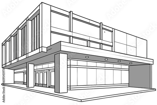 Illustration of a modern two story building with large windows and supporting columns in black and white