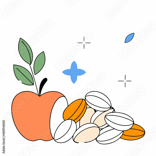 Red Apple with Scattered Almonds – Clean Healthy Snack Vector