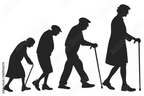 Silhouette progression of human aging and mobility with canes isolated on transparent background