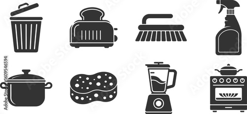 A collection of kitchen and cleaning icons including a trash can, toaster, brush, spray bottle, pot, sponge, blender, and stove