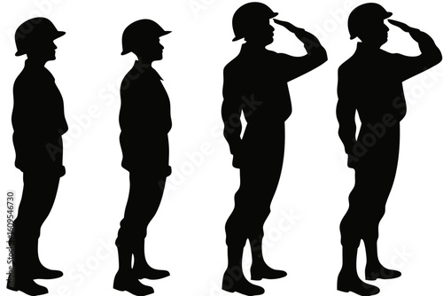 Four silhouetted soldiers in uniform standing at attention and saluting isolated on transparent background