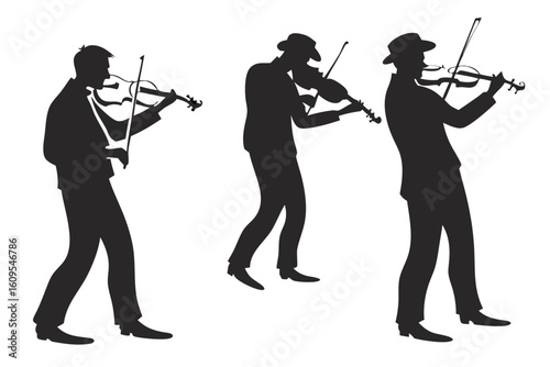 Three silhouettes of men playing violins in various poses isolated on transparent background