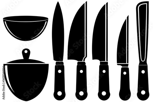 Collection of kitchen knives and bowls silhouettes isolated on transparent background