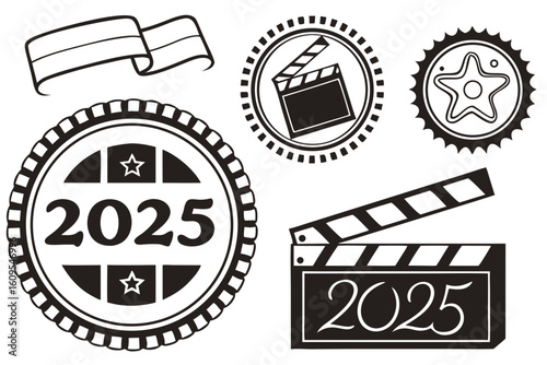 Collection of film industry icons and year 2025 symbols isolated on transparent background