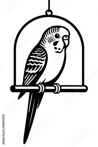 Captivating Budgie Perched - Charming Black and White Pet Bird in a Cage