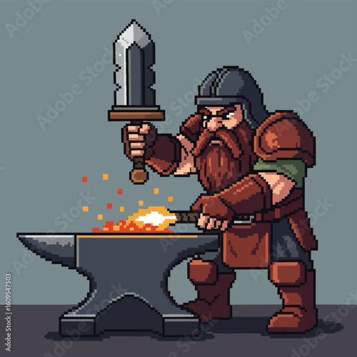 Pixel art fantasy dwarf blacksmith with a red beard forging a glowing sword on an anvil.