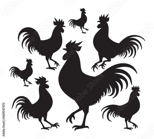 Set of Rooster Silhouettes in Different Poses