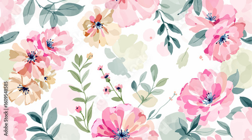 Seamless pattern with pink pions watercolor	