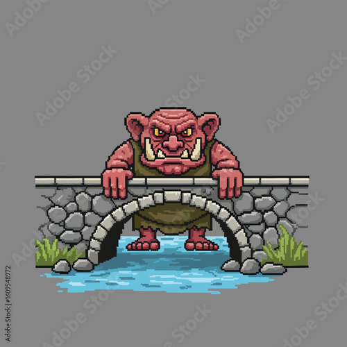 Pixel Art Troll Guarding a Stone Bridge Over a Stream.