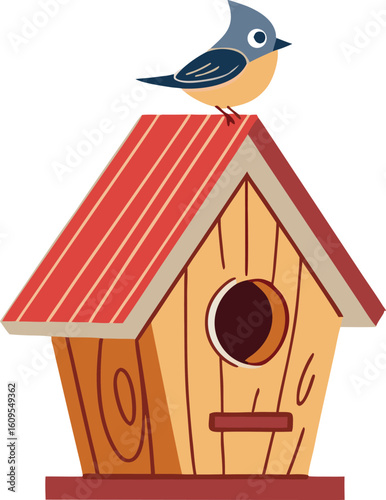 Blue bird perched on a striped birdhouse vector