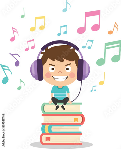 Vector art of boy listening to music on books