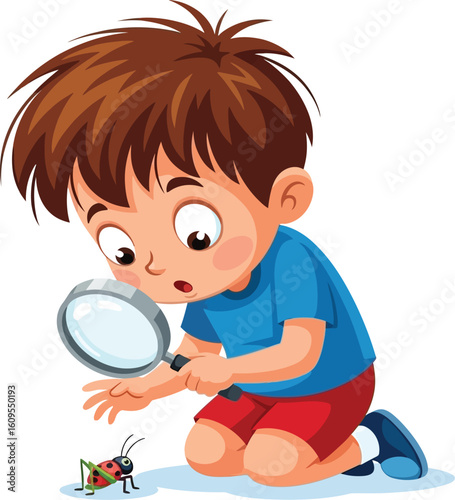 Vector art of boy examining bug with magnifier