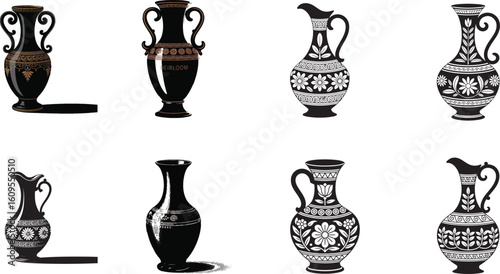 Ancient amphorae and vases with decorative patterns