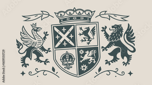 Elegant Vintage Coat of Arms Heraldic Lion, Griffin, and Crown Design