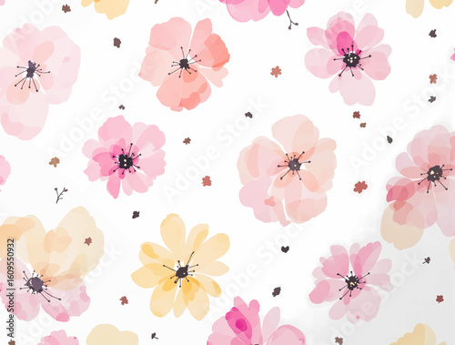 Pink flower Bright and cute colors pattern, simple, neutral flowers on white background Seamless pattern of elegant, dainty, neutral watercolor floral for fabric	