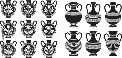 Ancient amphorae with floral and geometric designs