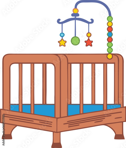 Wooden crib with colorful hanging toys baby brown