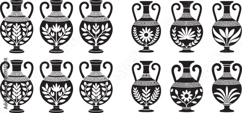 Ancient greek amphorae with floral motifs pottery vases