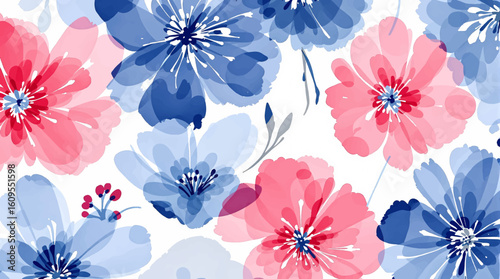 Watercolor seamless pattern hand painted with flower pink blue peony rose leaves isolated on white background. Floral illustration. Botanical art