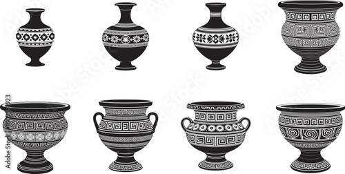 Ancient greek pottery vessels with decorative patterns