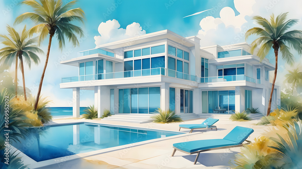 Fototapeta premium Abstract colorful watercolor painting A stylish modern house ,landscape , architecture interior design Hand painted brush stroke on paper texture. Illustration artwork
