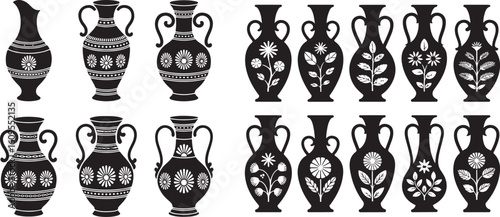 Black amphorae and vases with floral patterns ancient