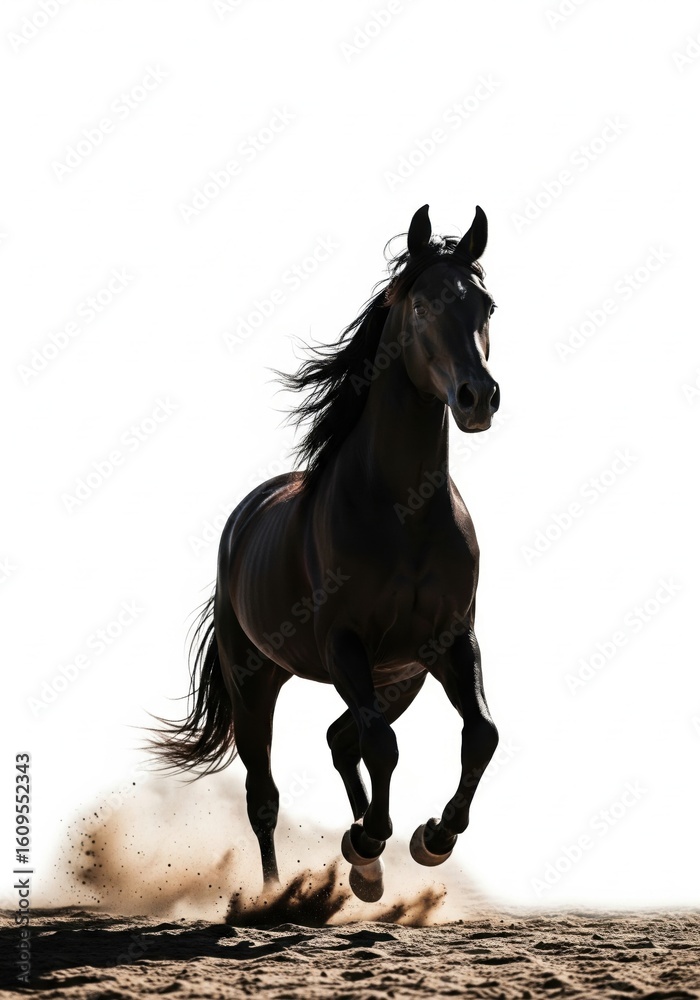 Fototapeta premium Black Horse Running on Sandy Ground in Dynamic and Expressive Pose