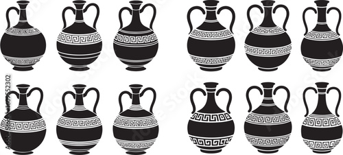 Black ancient amphorae with greek key patterns pottery