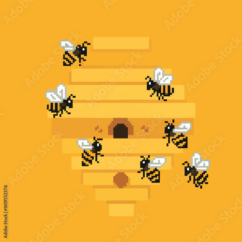 Pixelated Honeycomb Hive with Busy Bees.