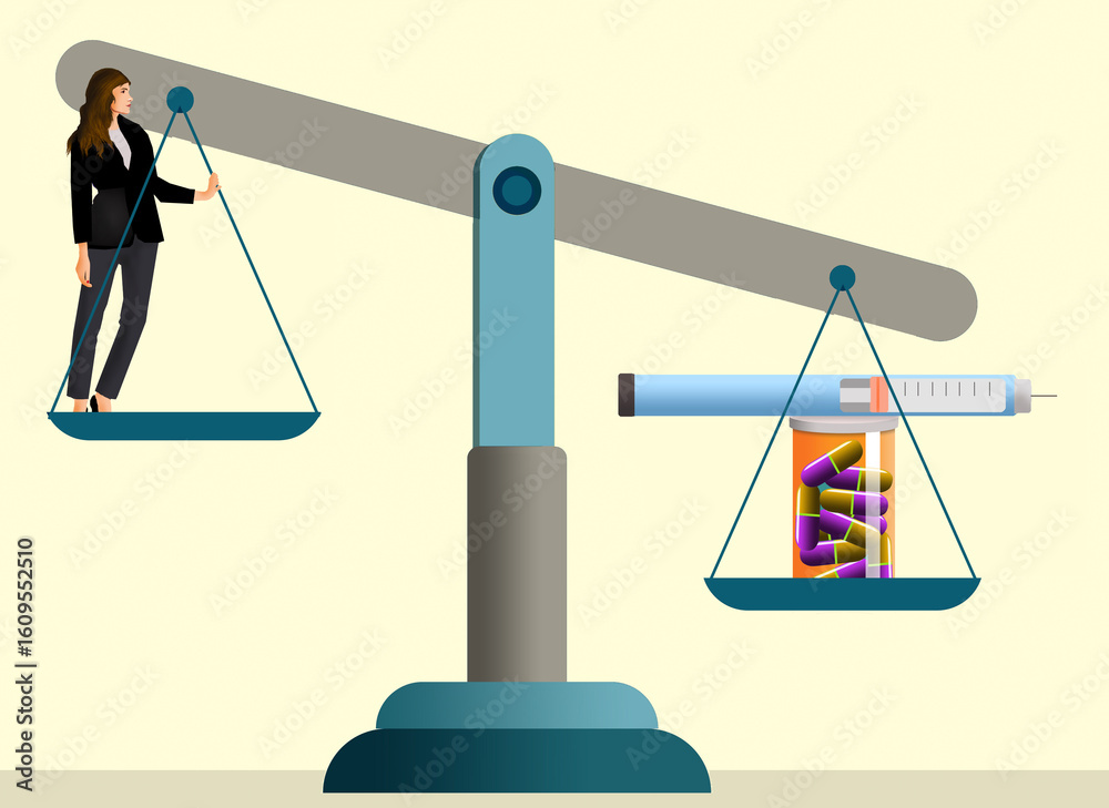 Φωτογραφία A woman is losing weight on modern weight loss drugs as illustrated with a balance scale tipping upward as she gets lighter