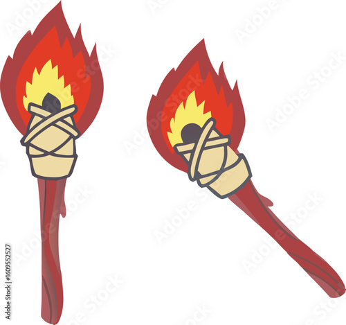 Flaming torches with red wood and yellow flame fire burning
