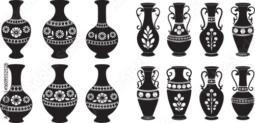 Black ceramic vases with floral and geometric patterns