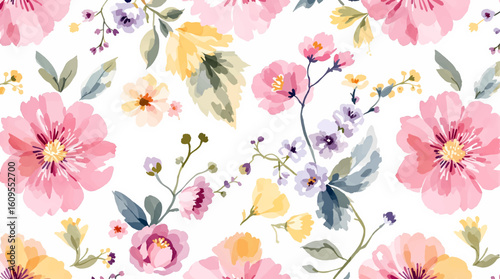 Seamless watercolour meadow pattern, subdued colors flowers on white background 