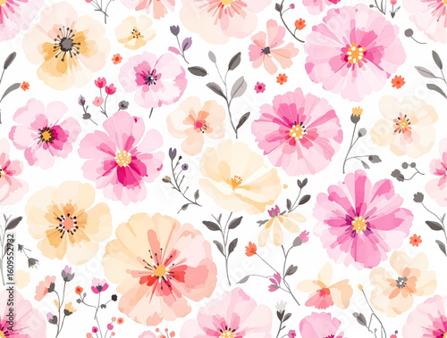 Seamless watercolour meadow pattern, subdued colors flowers on white background 