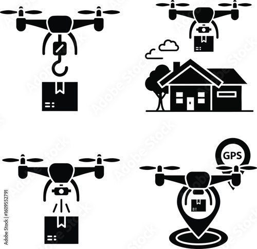 Vector art of drones delivering packages isolated on white