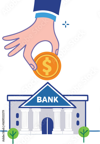 Hand depositing gold coin into bank building vector