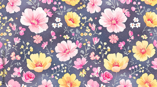 Repeating floral pattern features pink, purple, and blue flowers with green leaves and stems on a light beige background.