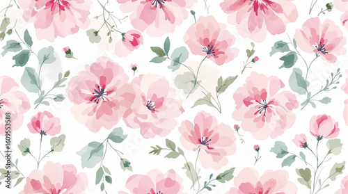 Repeating floral pattern features pink, purple, and blue flowers with green leaves and stems on a light beige background.