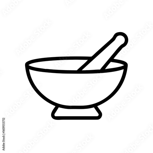 Illustration of a mortar and pestle set with a simple black outline on a white background design style