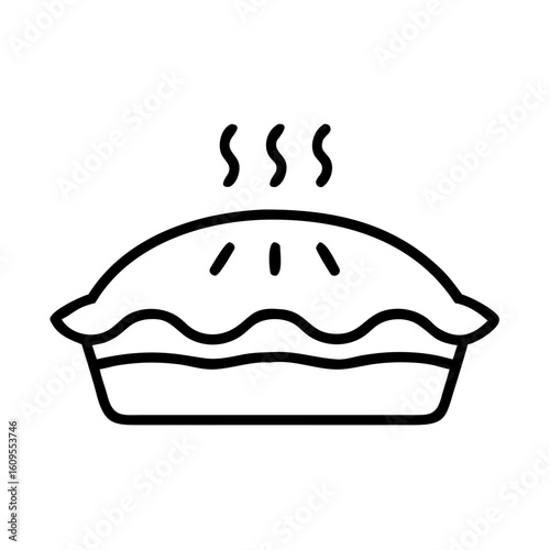 Outline drawing of a freshly baked pie with steam rising, showcasing a simple and elegant design style
