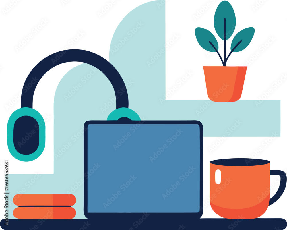 Obraz premium Freelancer Setup With Laptop Mug Potted Plant