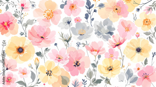 Seamless floral pattern, watercolor background with flowers. Repeat fabric wallpaper print texture. Perfectly for wrapped paper, backdrop.