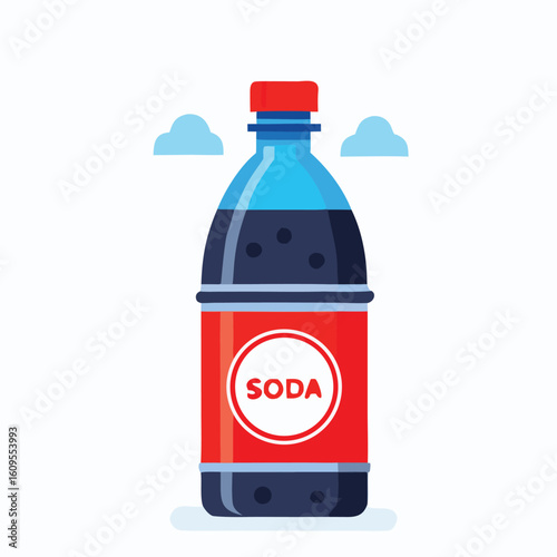 Red soda bottle with blue liquid and clouds drink beverage