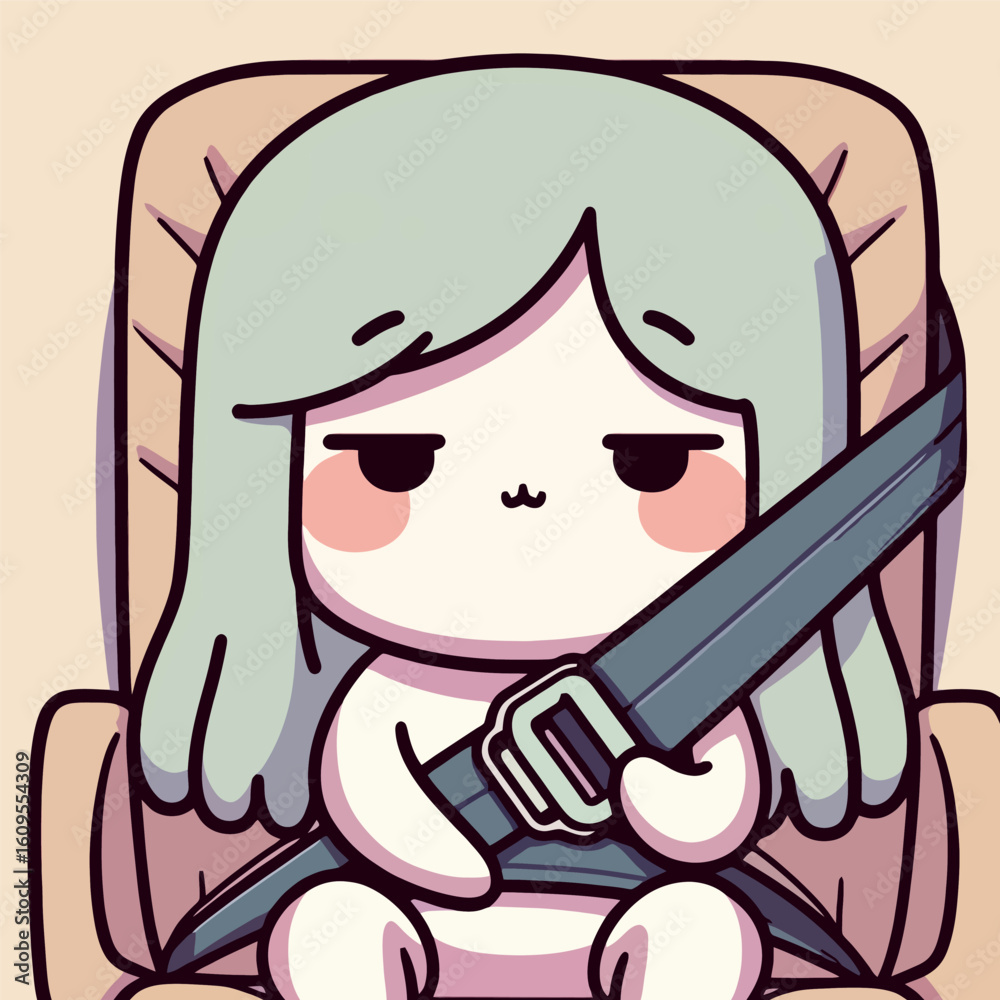 Fototapeta premium Unimpressed Kawaii Character with Seatbelt