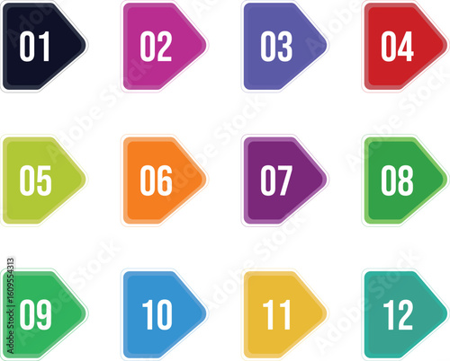 Multi colored bullet icon set design on white background